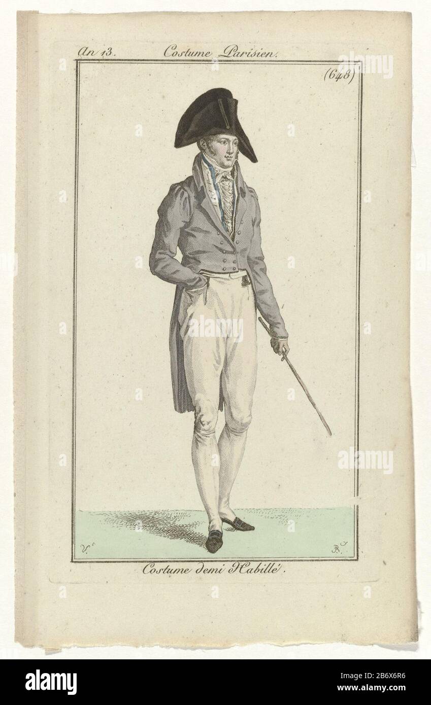 Standing man to the right, dressed in a costume demi habillé 'frak buttons  with two rows, vest and shorts . Wrinkled shirt with jabot. Cravate.  Stockings. Accessories: plug with button and loop,