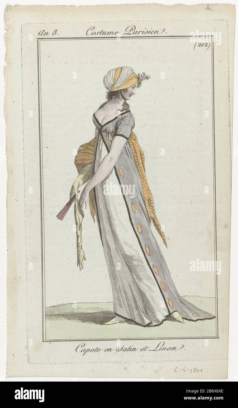 Journal des Dames et des Modes, Costume Parisien, 30 avril 1800, An 8, (212) Capote en Satin () F, running to the left, ha on its head a 'capote' of satin and linen. She wears a dress with wrap along the hem decorated with a leaf motif (?), Trimmed with contrasting piping. Short sleeves, plunging neckline and drag. Further accessories: belt, scarf, long gloves, fan, flat shoes with pointed noses (?). The picture is part of the fashion magazine Journal des Dames et des Modes, published by Pierre de la Mésangère, Paris, 1797-1839. Manufacturer : printmaker: anonymous publisher: Pierre de la Mésa Stock Photo