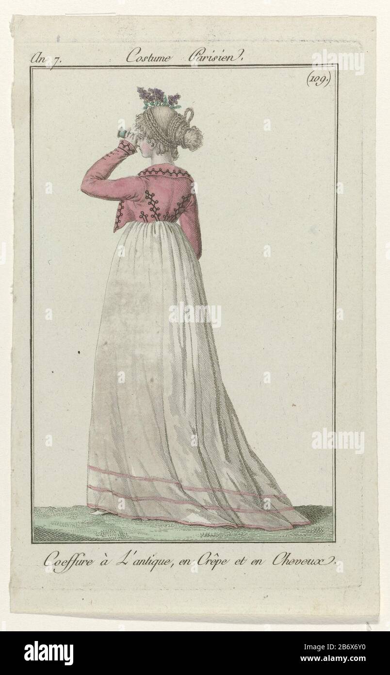 Standing woman seen from the back, looking through binoculars. "Coeffure à l'antique",  consisting of crepe hair. Spencer looped pattern on a skirt and tow. The  picture is part of the fashion magazine