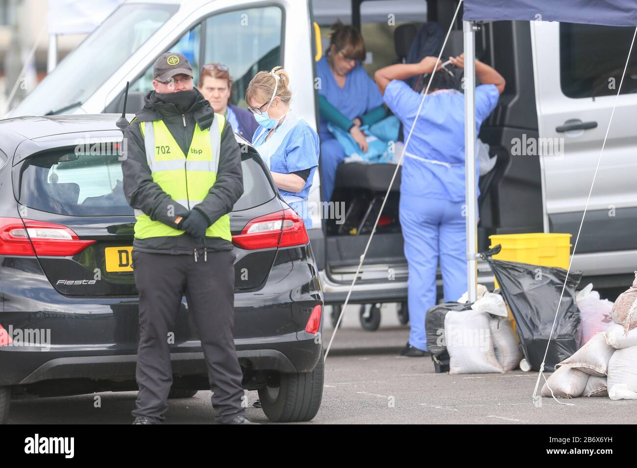 Wolverhampton, West Midlands, UK. 12th Mar, 2020. A drive-through test centre for Coronavirus COVID-19 has been set up in a Wolverhampton city centre car park. The mobile test centre is accessible by referral only, and is the first to appear in the West Midlands. Credit: Peter Lopeman/Alamy Live News Stock Photo