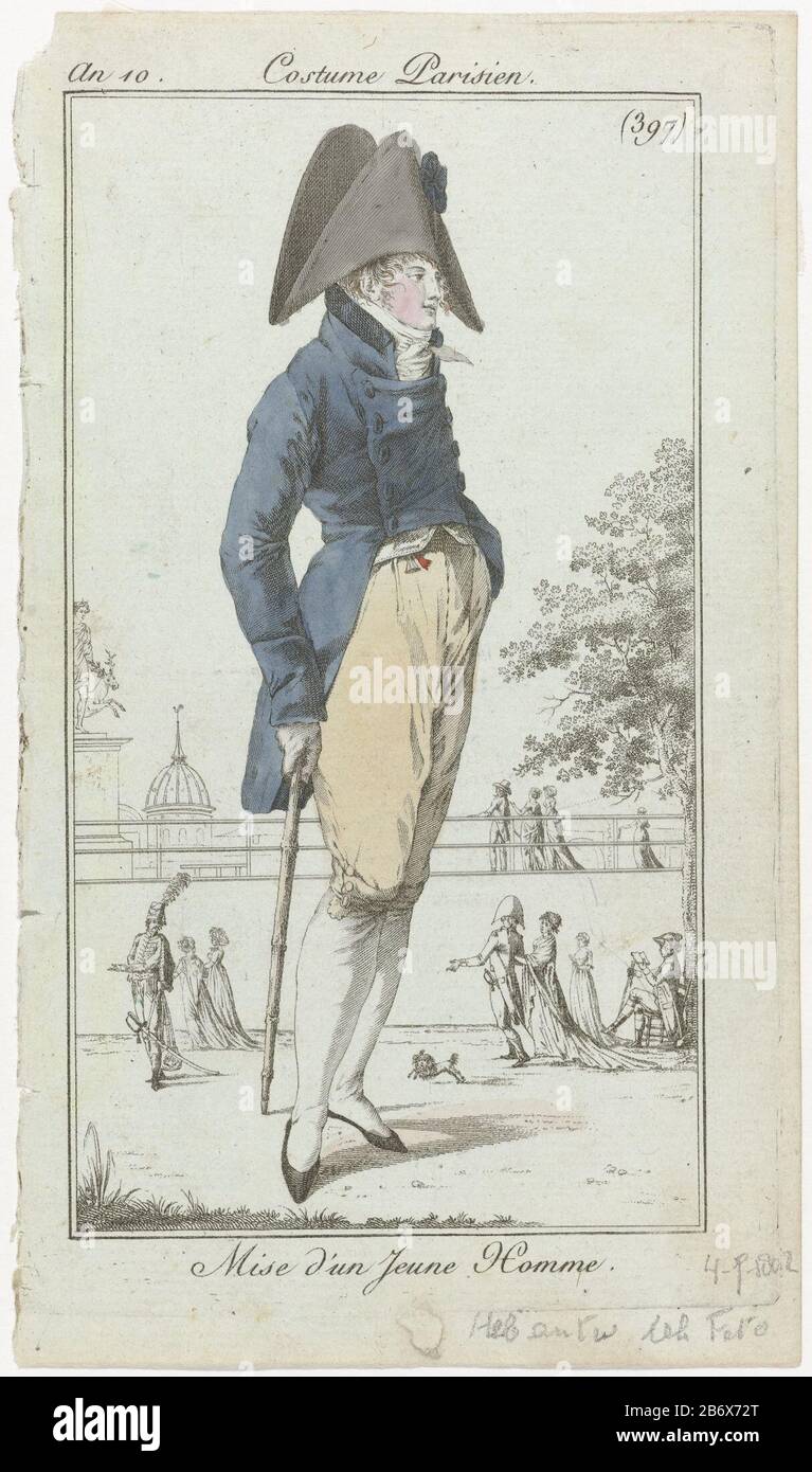 Journal des Dames et des Modes, Costume Parisien, 4 juillet 1802, An 10,  (397) Mise d'un Jeune Homme Young man dressed in a Fracy knots with two  rows, a vest and shorts.
