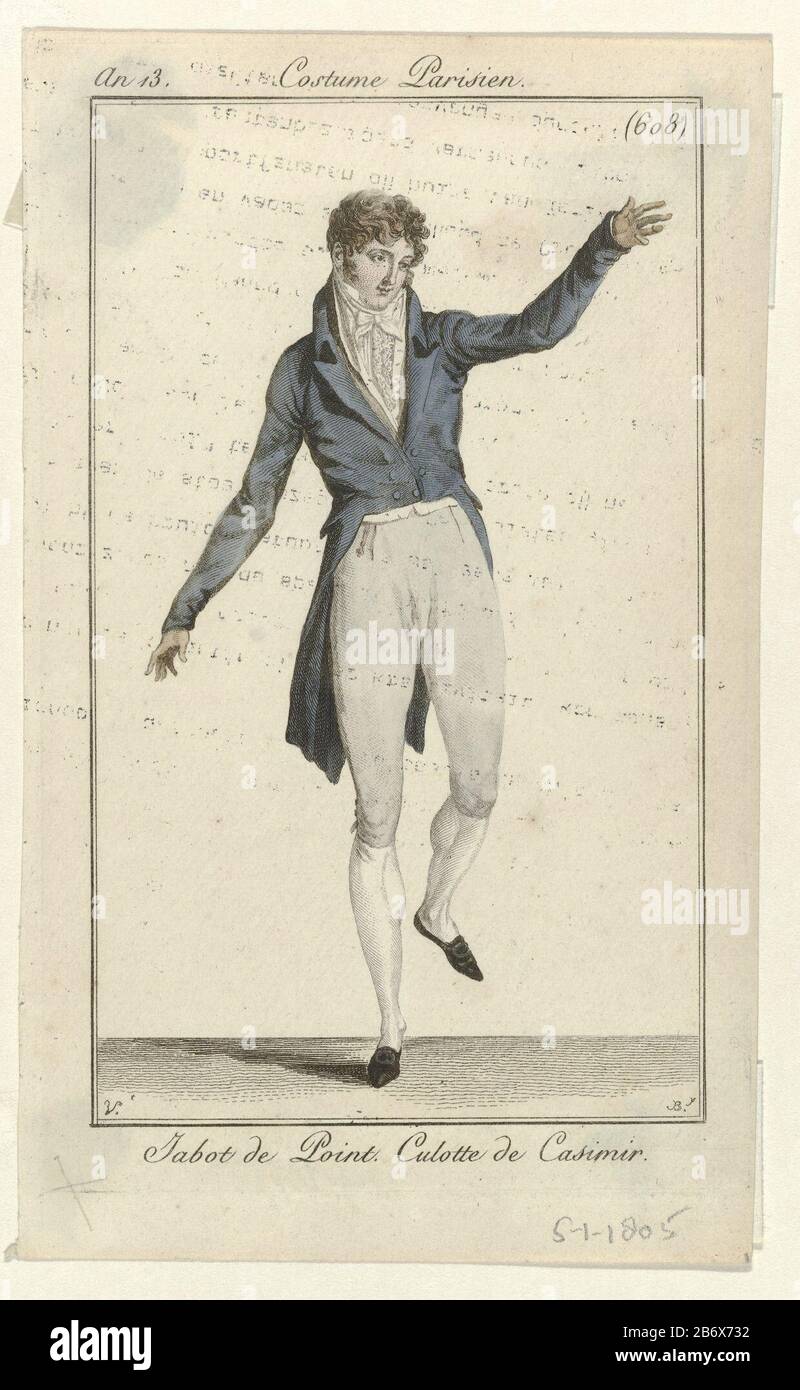 Journal des Dames et des Modes, Costume Parisien, 5 janvier 1805, An 13,  (608) Jabot de Point () Dancing man wearing a frak with lapels, vest and  shirt with "jabot the point (