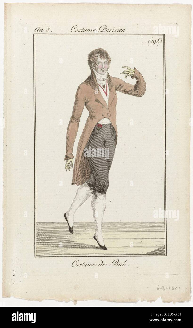 Journal des Dames et des Modes, Costume Parisien, 6 mars 1800, An 8, (198)  Costume de Bal Man in balkostuum, making a dance step. The costume consists  of a jacket with buttons