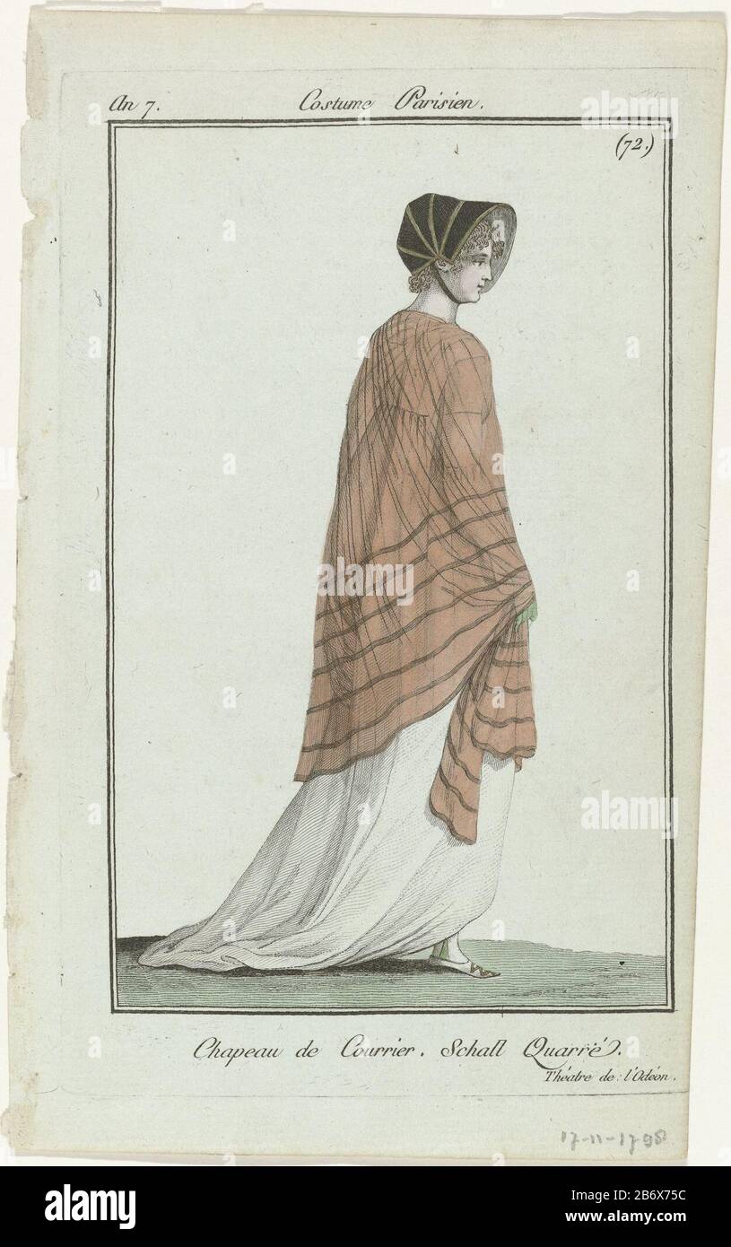 Journal des Dames et des Modes, Costume Parisien, 7 novembre 1798, An 7, (72) Chapeau de Courrier () F, running to the right, seen from the back, ha on its head a hat, "Chapeau the Courier '. To the shoulders square scarf with stripes. She wears a dress with train. Further accessories: long gloves, stockings, flat shoes with pointed nose. According to the caption, this idea to life marked by the 'Theater de l'Odeon. The picture is part of the fashion magazine Journal des Dames et des Modes, edited by Sellèque, Paris, 1797-1839. Manufacturer : printmaker: anonymous publisher: Sellèqueuitgever: Stock Photo