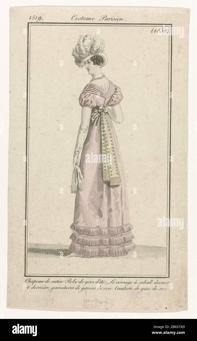 Journal des Dames et des Modes, Costumes Parisiens, 15 octobre 1819, (1850) Chapeau  de satin () Woman, seen from the back, dressed in a gown of "gros d'été  'trimmings of silk' Gances.