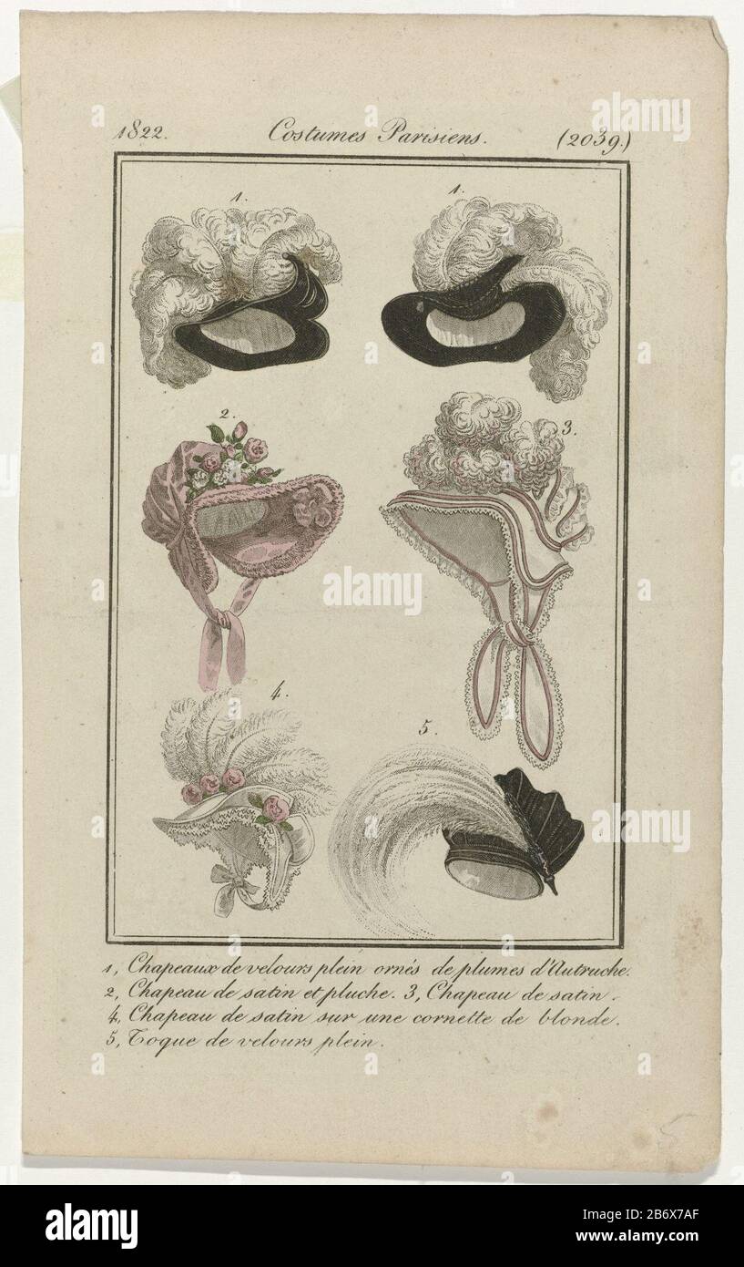 Journal des Dames et des Modes, Costumes Parisiens, 15 janvier 1822, (2039)  1, Chapeaux de velours () Six headgear of five different species in a  single framework, numbered one to five. 1.