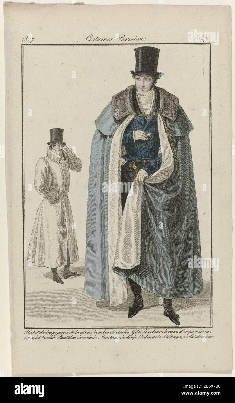 Journal des Dames et des Modes, Costumes Parisiens, 15 janvier 1827, (2471)  Habit de drap garni de boutons () Standing man dressed in a cloak of cloth.  Here he wears a 'habit'