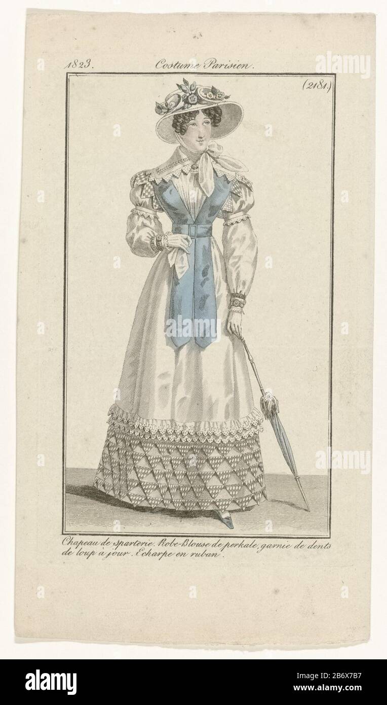Journal des Dames et des Modes, Costumes Parisiens, 1823, (2181) Chapeau de  sparteri () Woman standing wearing a robe-blouse 'cotton percale (percale)  decorated with "dents de loup à jour. At the head