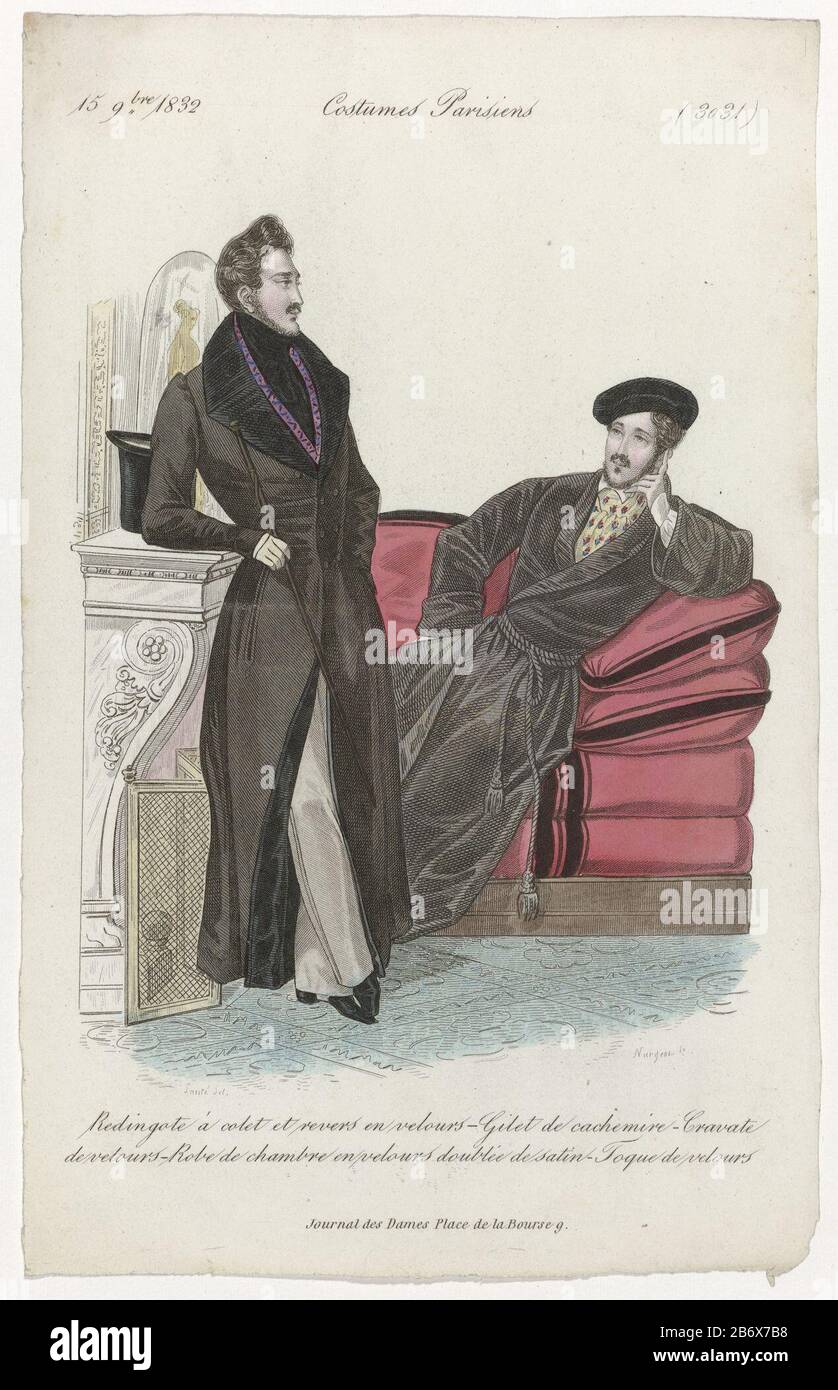 Two men in the interior, of whom, one leaning against the chimney and the  other sitting on a sofa. Left: redingote with collar and lapel velvet.  Cashmere cardigan on tights. Cravate velvet.