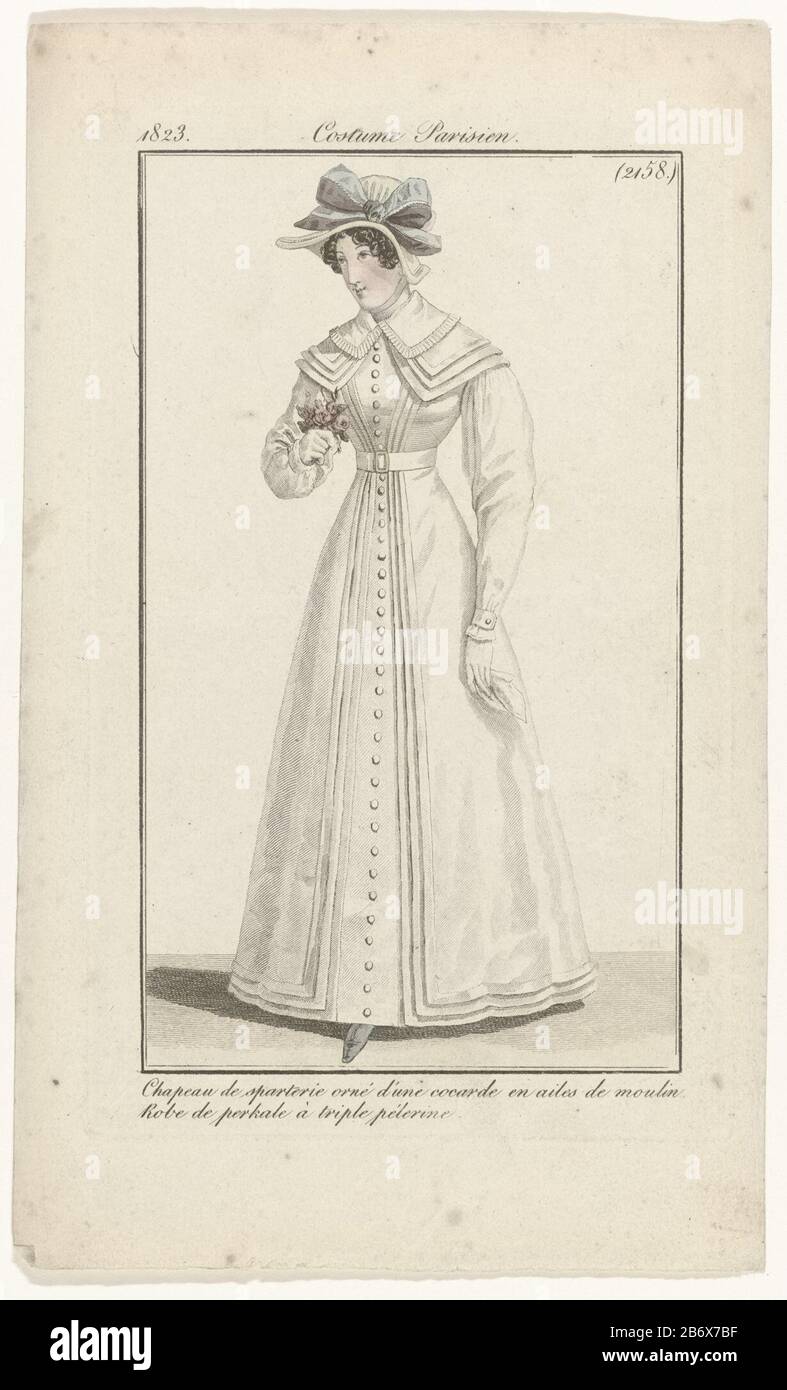 Journal des Dames et des Modes, Costumes Parisiens, 1823, (2158) Chapeau de  sparteri () Standing woman dressed in a gown of cotton percale (percale)  with a triple cape. At the head of