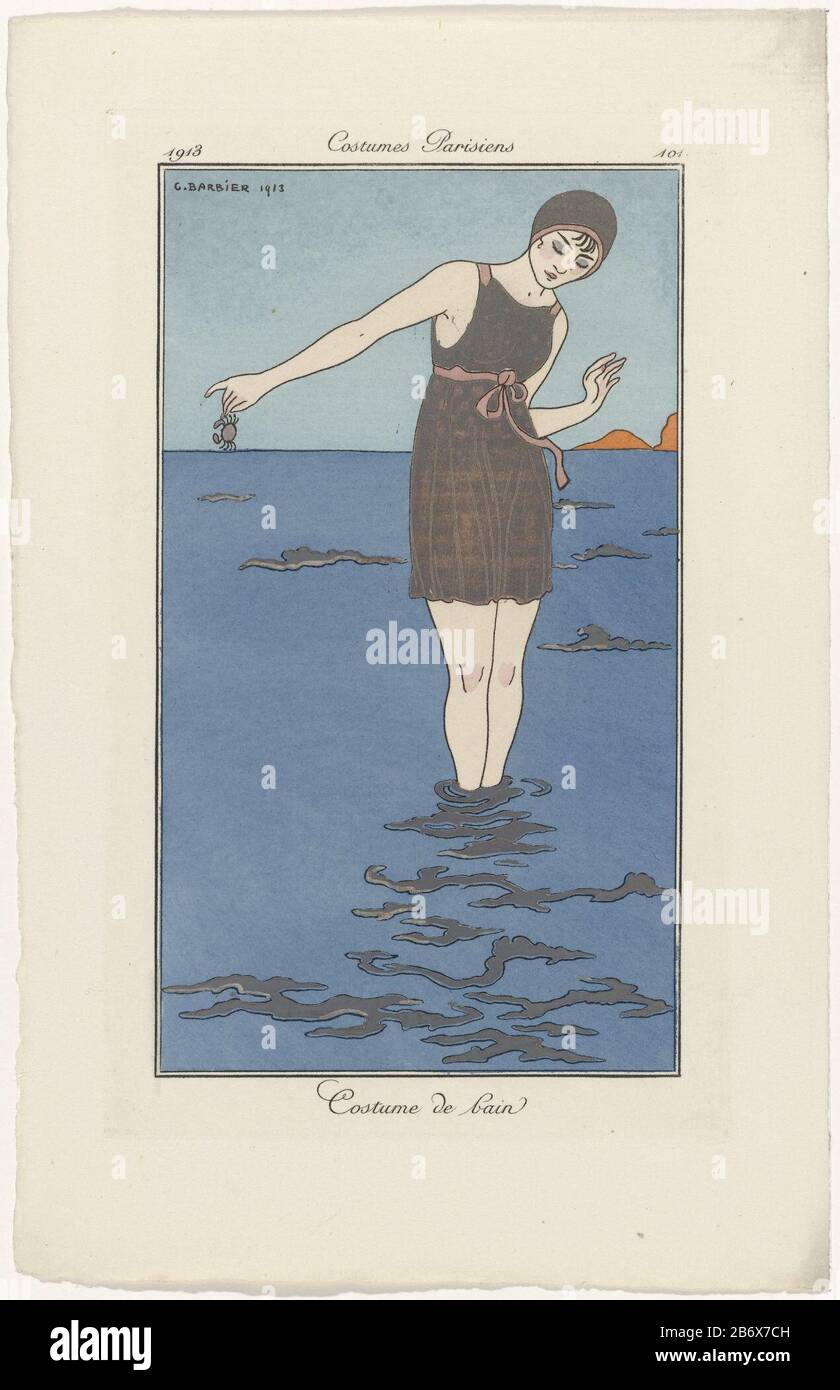 Journal des Dames et des Modes Costumes Parisiens 1913 No 101 Costume de bain Female standing in the water wearing bathing suits or bathing suits. She holds a crab away from