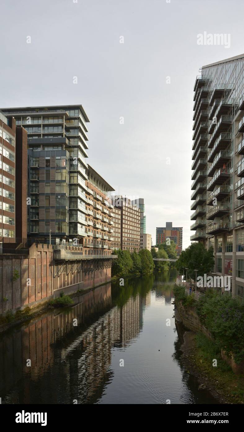 Contemporary apartment buildings in the canal area of Manchester, UK, photographed in July 2014 Stock Photo