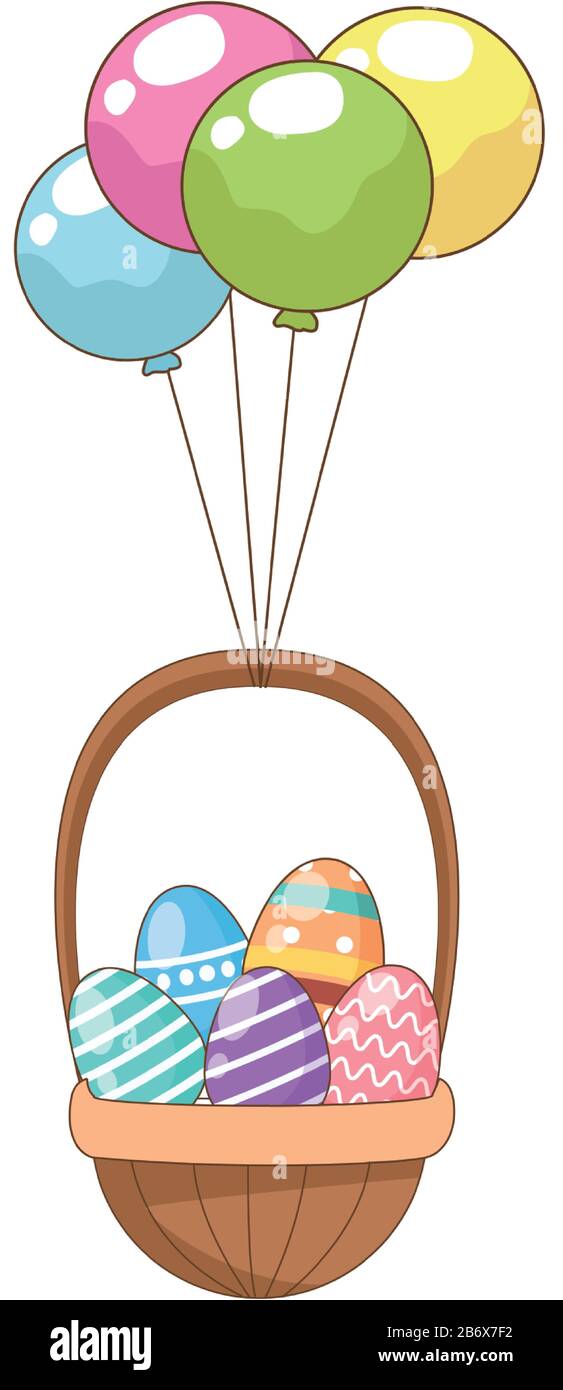 eggs painted easter in basket with balloons helium Stock Vector