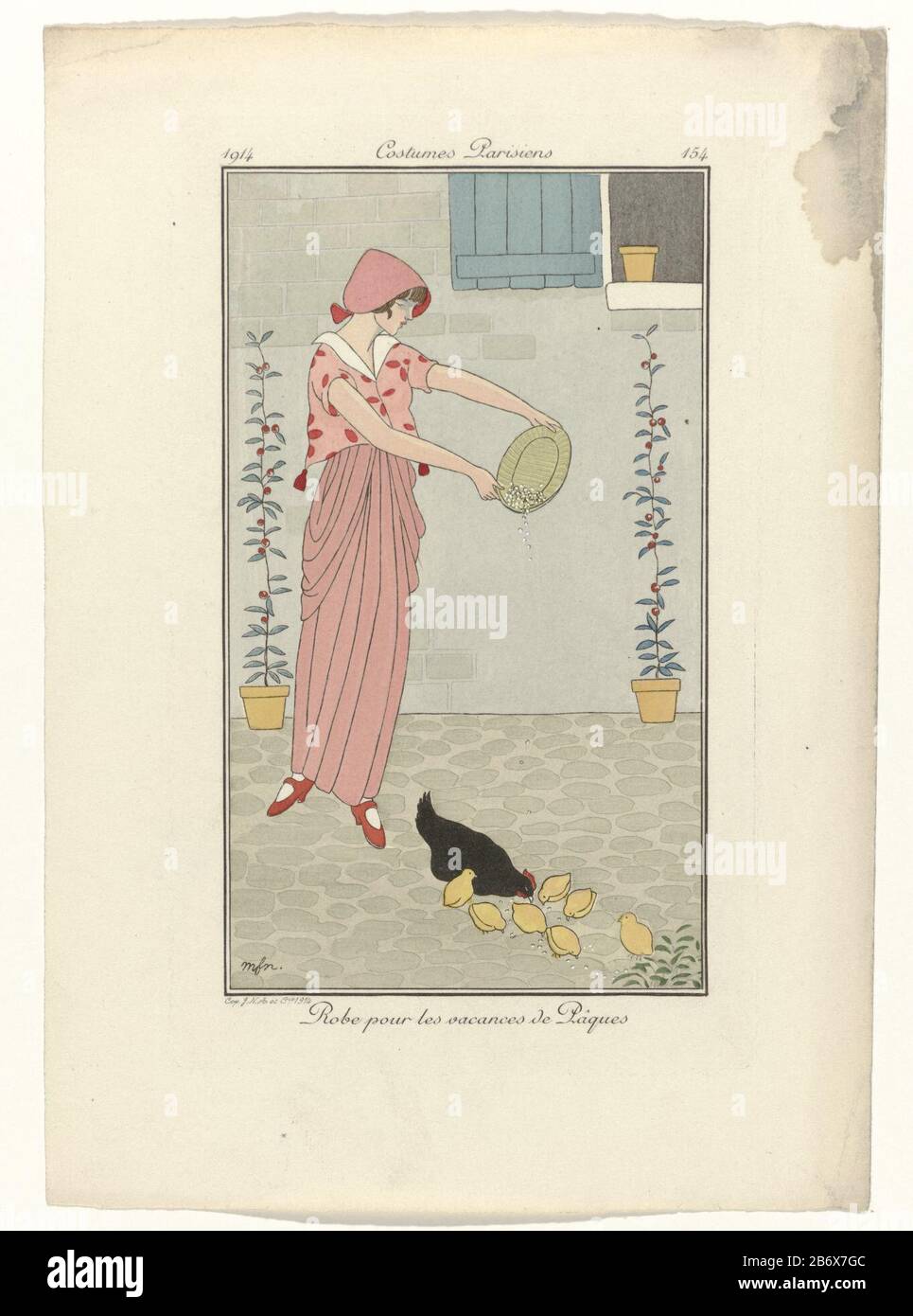 Journal des Dames et des Modes, Costumes Parisiens, 1914, No 154 Robe pour  les vacances () Woman in a dress with short sleeves and long pleated skirt.  She is performing a hen
