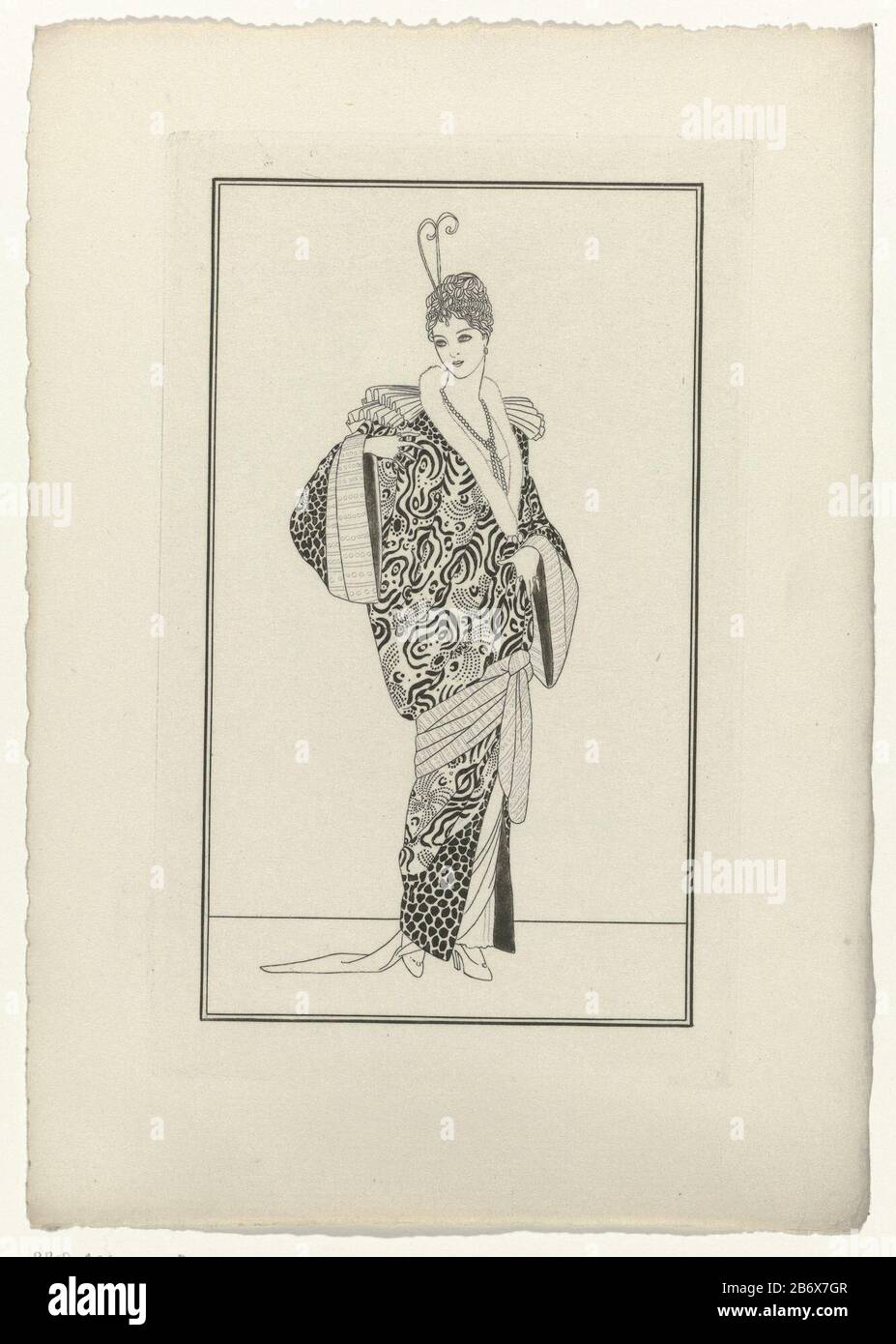 Journal des Dames et des Modes, Costumes Parisiens, 1914, No 139 Journal des Dames et des Modes, Costumes Parisiens, 1914, No. 139 Object Type : fashion picture Item number: RP-P-2009-1712BCatalogusreferentie: 1 (3) Note: three states in the collection of the Rijksmuseum description: Evening Mantle crushed velvet decorated with silk brocade with silver (wire). Proof of a picture from fashion magazine Journal des Dames et des Modes (1912-1914). On version with text caption: Manteau du soir and velvet frappe garni de soie brochée d'argent. Manufacturer : printmaker: anonymous Date: 1914 Physical Stock Photo