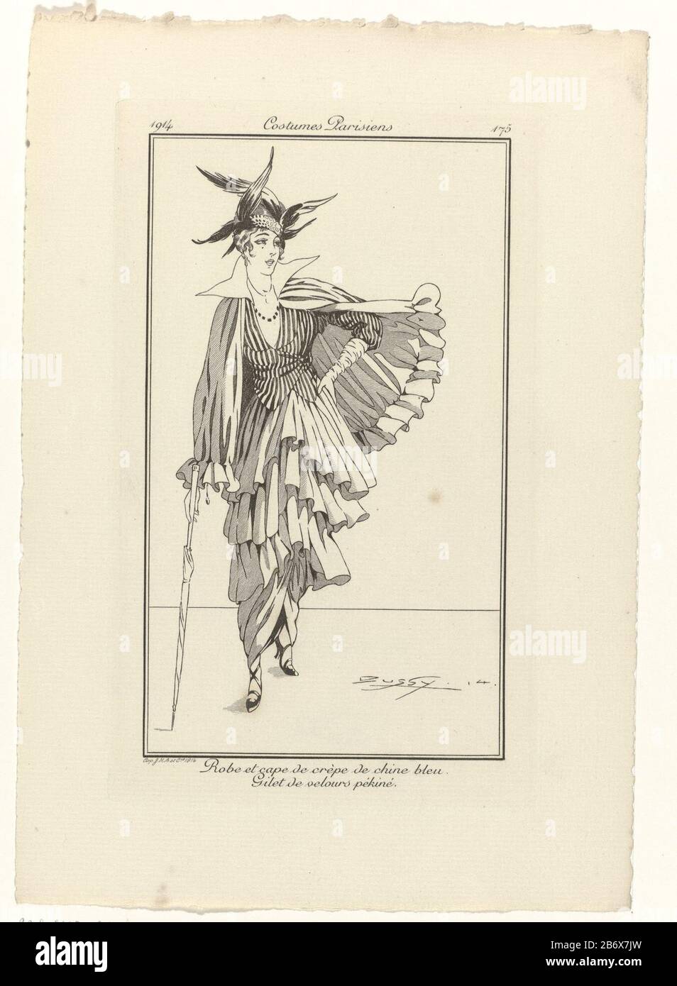 Journal des Dames et des Modes, Costumes Parisiens, 1914, No 175 Robe et cap () gown and cape of blue crepe de chine. Vest 'velvet pekine. Proof of a picture from the periodical fashion Journal des Dames et des Modes (1912-1914) . Manufacturer : to drawing of: Dussy (indicated on object) print maker: anonymous date: 1914 Physical characteristics: engra; proofing material: paper Technique: engra (printing process) Measurements: plate edge: H 178 mm × W 108 mm Subject: fashion plates head-gear: hat (+ women's clothes) clothing for the upper part of the body (VEST) (+ women's clothes) cape ( + wo Stock Photo