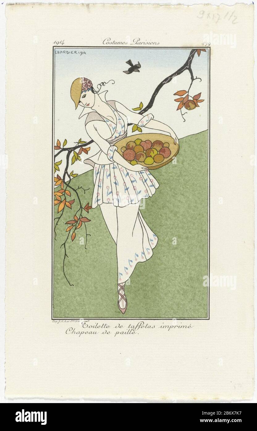 Journal des Dames et des Modes, Costumes Parisiens, 1914, No 179 Toilette  de taffetas Woman in a 'toilette' of printed taffeta with flower pattern.  On the head a straw hat. Shoe with