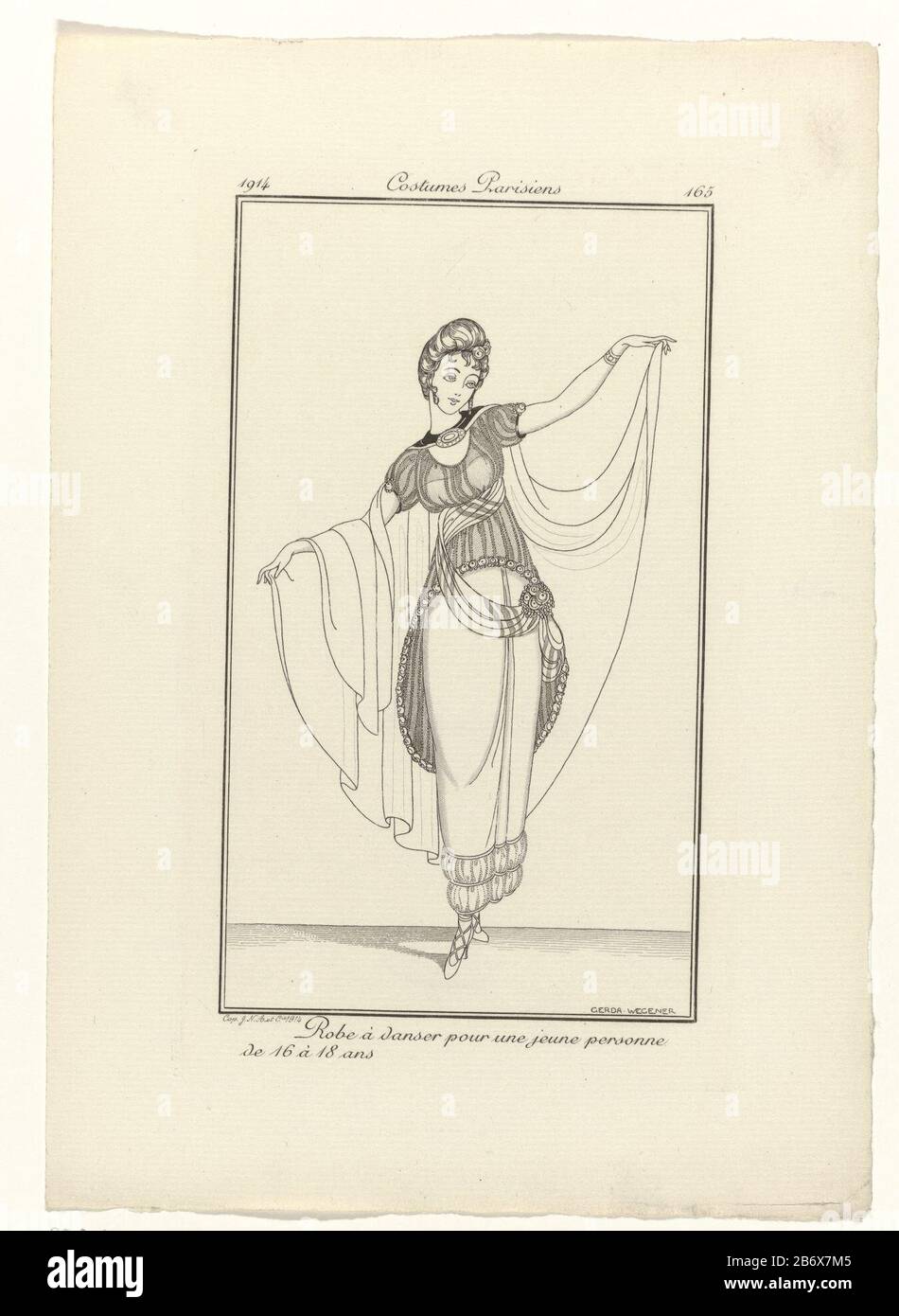 Young woman in dance attire for someone of 16 to 18 years. Proof of a picture from the periodical fashion Journal des Dames et des Modes (1912-1914) . Manufacturer : to drawing of: Gerda Wegener (indicated on object) print maker: anonymous date: 1914 Physical characteristics: engra; proofing material: paper Technique: engra (printing process) Measurements: plate edge: H 177 mm × W 108 mm Subject: fashion plates dress, gown (+ women's clothes) cape (+ women's clothes) dancingadolescent, young woman, maiden where: 1914 - 1914 Stock Photo