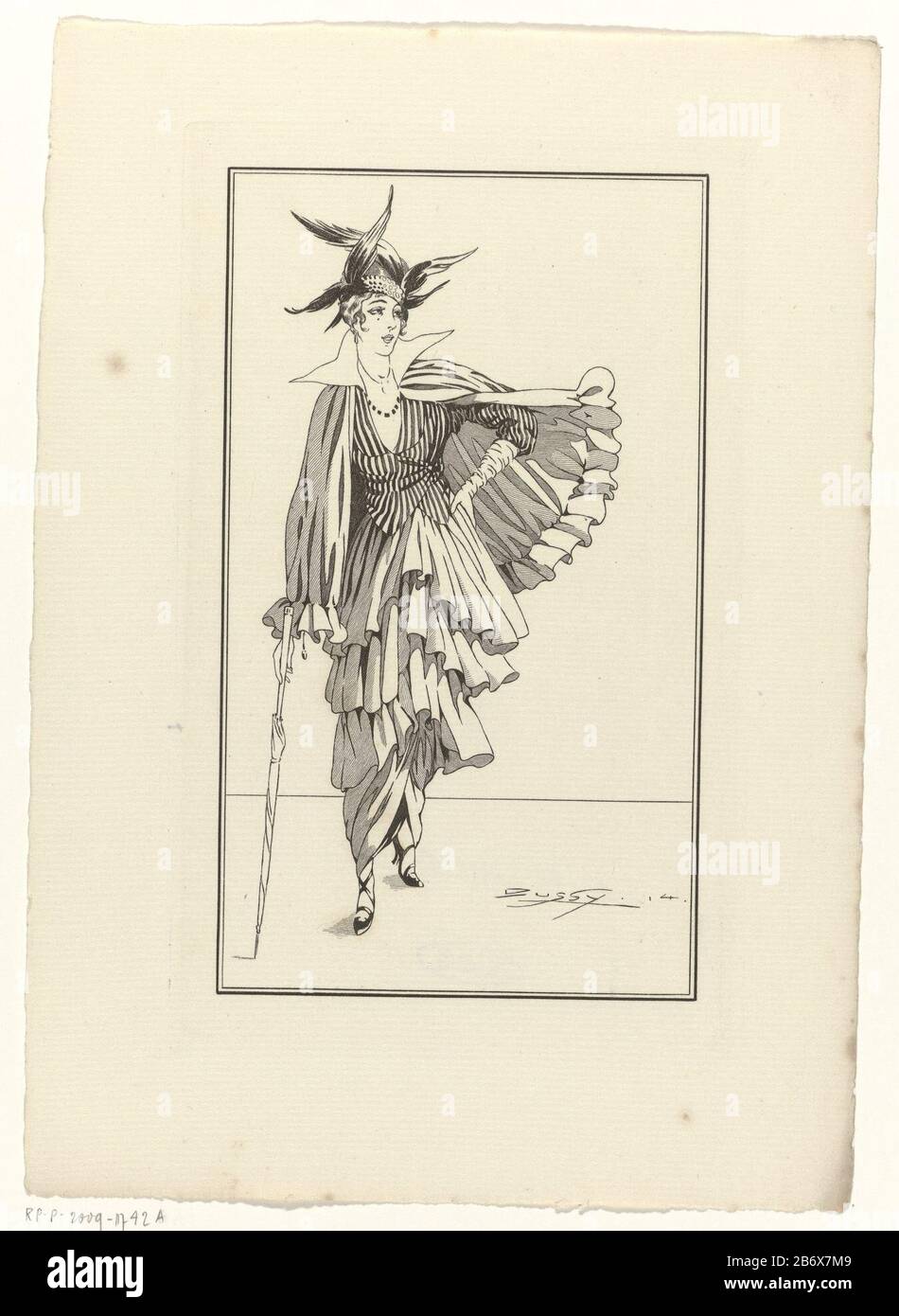 Journal des Dames et des Modes, Costumes Parisiens, 1914, No 175 Journal des Dames et des Modes, Costumes Parisiens, 1914, No. 175 Object Type : fashion picture Item number: RP-P-2009-1742ACatalogusreferentie: 1 (3) Note: three states in the collection of the Rijksmuseum description: Woman in a dress and cape of blue crepe de chine. Vest 'velvet pekine. Proof of a picture from the periodical fashion Journal des Dames et des Modes (1912-1914) . Manufacturer : to drawing of: Dussy (indicated on object) print maker: anonymous date: 1914 Physical characteristics: engra; proofing material: paper Te Stock Photo