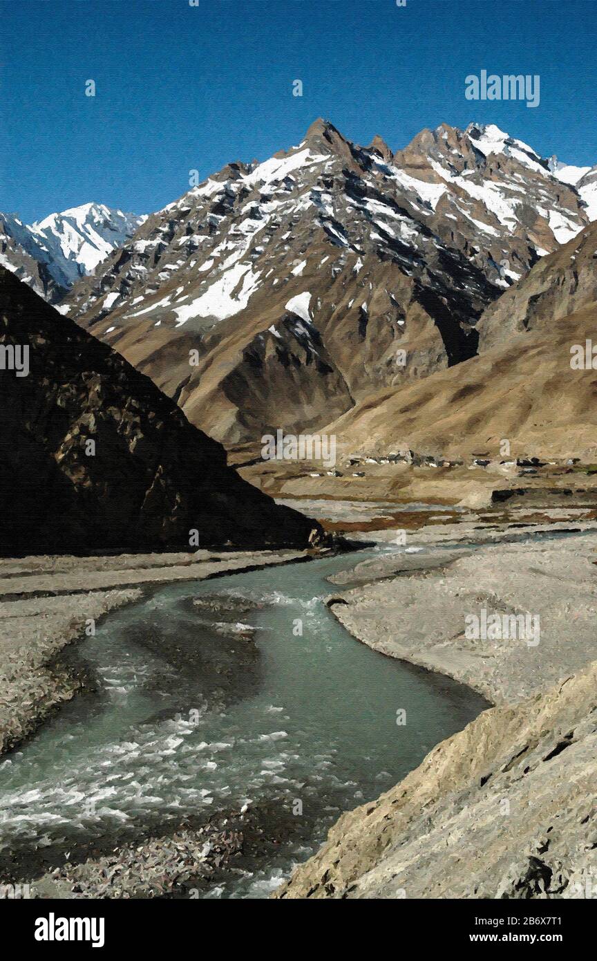 Digital Painting: Pin Valley-0273 Digital Paintings of Beautiful mountain landscapes of Pin Valley located at Lahaul Spiti, Himachal Pradesh, India. Stock Photo