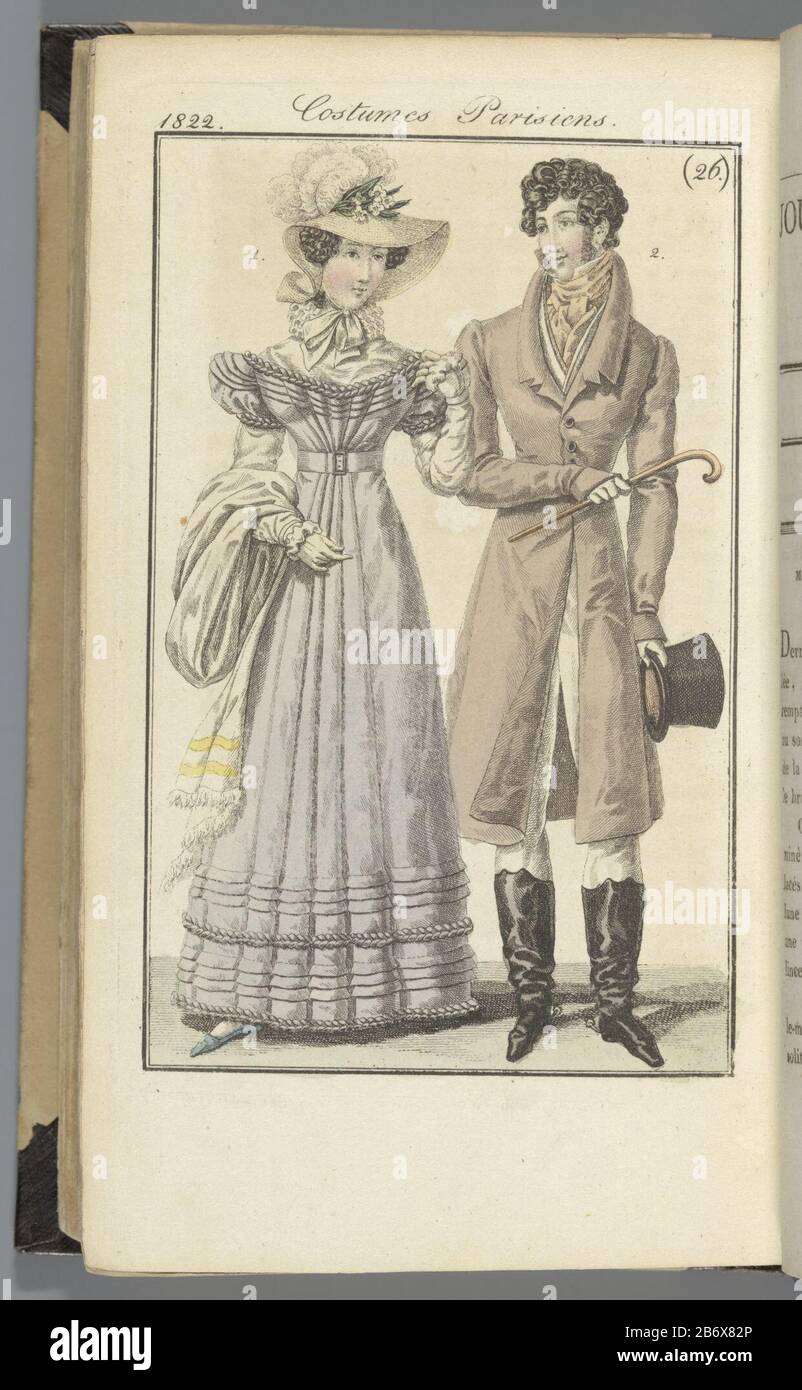 Journal des Dames et des Modes, editie Frankfurt 23 Juin 1822, Costumes  Parisiens (26) the text accompanying Figure 1 (p 701 and 702.): Hat" paille  d'Italie' decorated with marabou feathers. Gown "taffetas