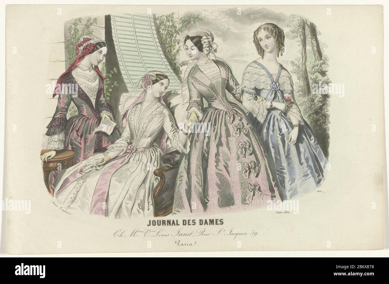 Journal des Dames, Juin 1850, No 1608 Ch Mme Louis Janet () Four women in a  garden, dressed in the fashion of 1850. Manufacturer : to design: Anaïs  Colin-Toudouze (listed building) printmaker