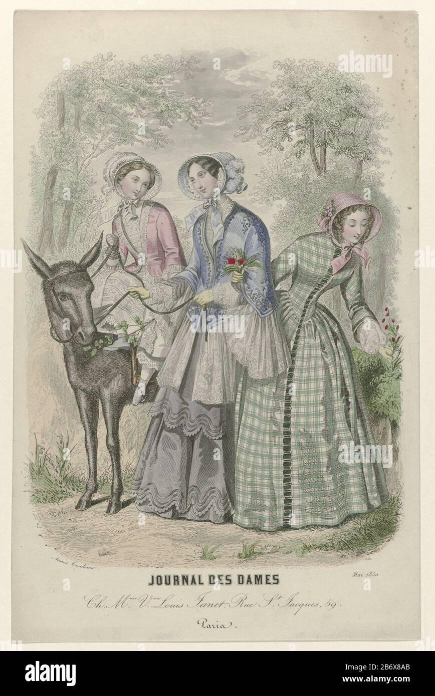 Journal des Dames, mai 1850 Ch Mme Vve Louis () A girl sitting on a donkey, a woman next to her is holding a bridle. She stands arm in arm with a woman in a plaid gown picking flowers is. Manufacturer : printmaker: anonymous Date: 1850 Physical features: engra, hand-colored material: paper Technique: engra (printing process) / hand color dimensions: sheet: H 250 mm × W 160 mm Subject: fashion plates head-gear: hat (+ women's clothes) coat (SHORT cOAT) (+ women's clothes) skirt (+ women's clothes) dress, gown (+ women's clothes) dress, gown (+ girls' clothes) gloves, mittens (mitaines) (+ women Stock Photo
