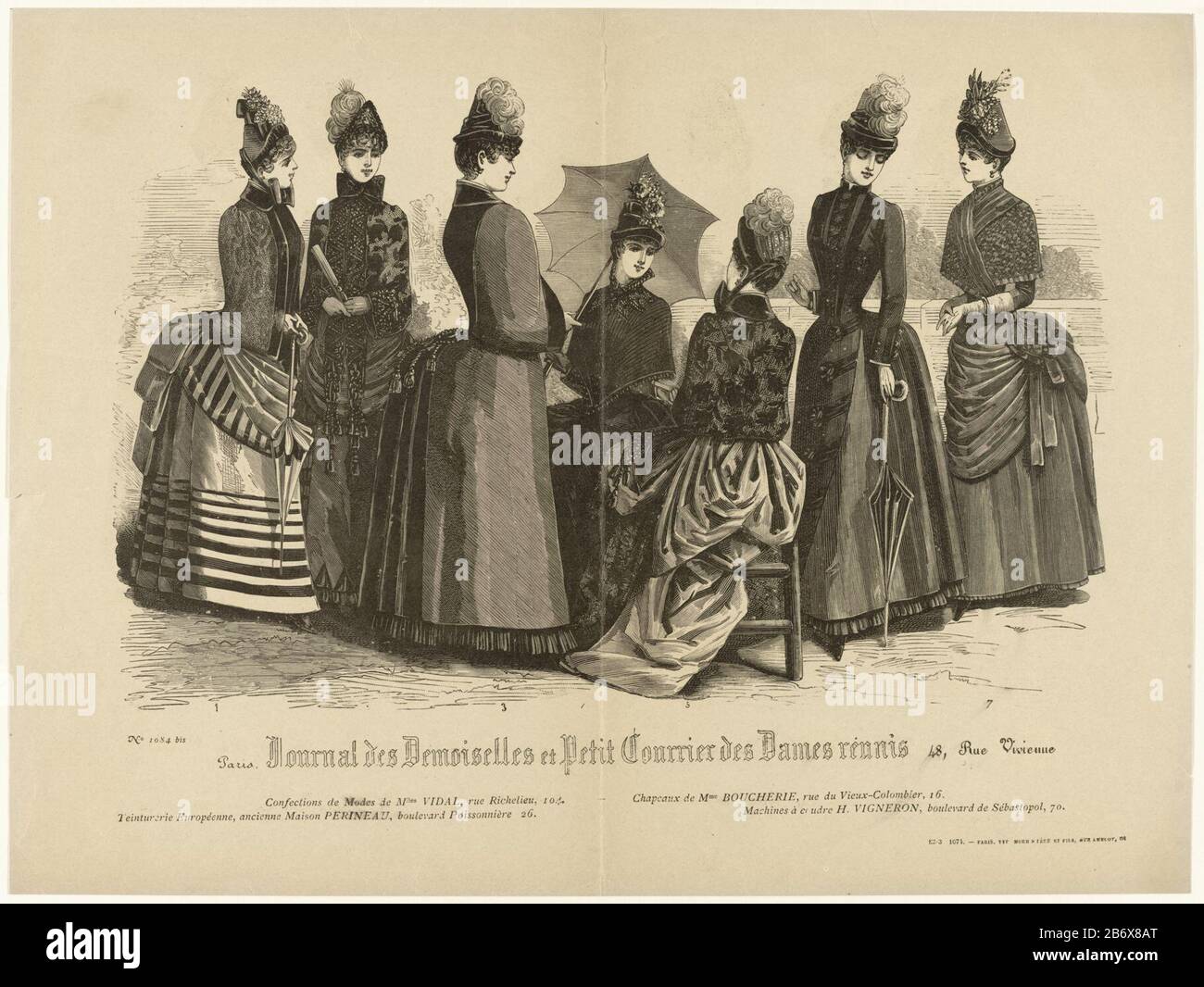 Seven women in 'the confections modes "of Mlles Vidal. Hats Boucherie. Here  are some rules text advertising for various products. Print out the fashion  magazine Journal des Demoiselles (et Petit Courrier des