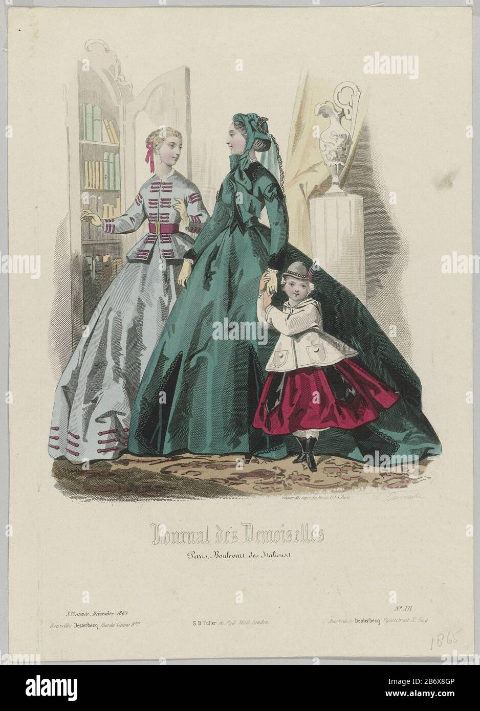 Two women and a child standing at an open bookcase. Left: gray dress with  pink belt and topped with pink trimmings. Right: dark green dress with  black trimmings. Matching hat with bow