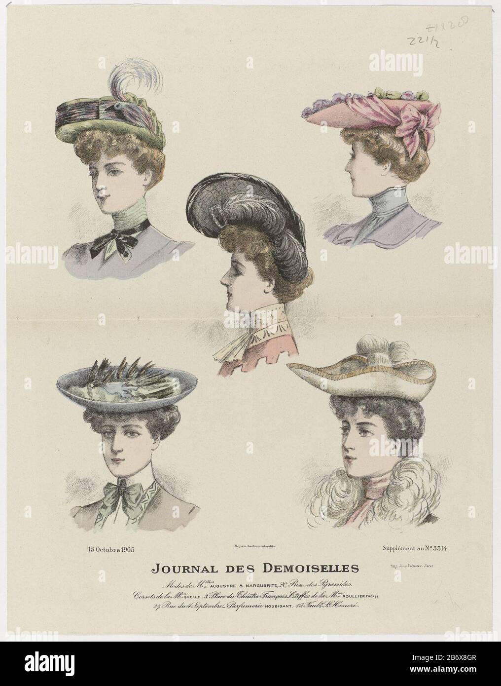 Five hats adorned with feathers, ostrich feathers, bird cups and bow.  According to the caption: 'modes' of Augustine & Marguerite. Corsets Guelle  firm. Substances of the Roullier Frères firm. Houbigant perfumery. Print