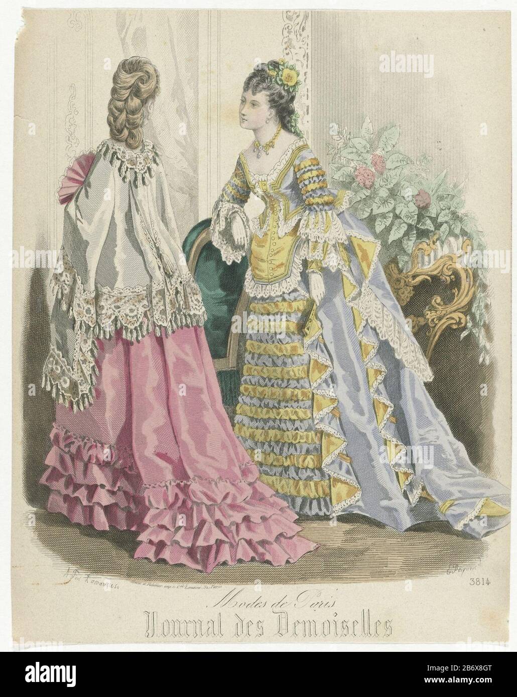 Journal des Demoiselles, 1871, No 3814 Two women in an interior, dressed in dresses with ruffles and eased. The woman seen from the back wearing a cloak trimmed with lace and frills. The dress of the other woman is trimmed with lace. Print out the fashion magazine Journal des Demoiselles (1833 -1922) . Manufacturer : printmaker Paul Lacourière (listed property) to drawing: E.M. Pecquerel (listed building) printer: Moine (listed building) printer: Falconer (listed property) Place manufacture: Paris Date: 1871 Physical features: engra, hand-colored material: paper Technique: engra (printing proc Stock Photo
