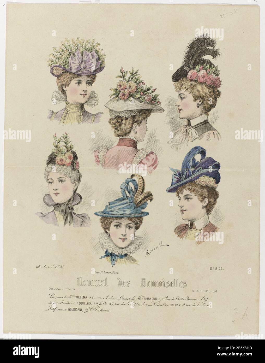 Journal des Demoiselles, 15 Avril 1898, No 5166 Chapeaux de Melle Helen Six  female heads with different hats. According to the caption, hats Helena.  Here are some rules text advertising for various