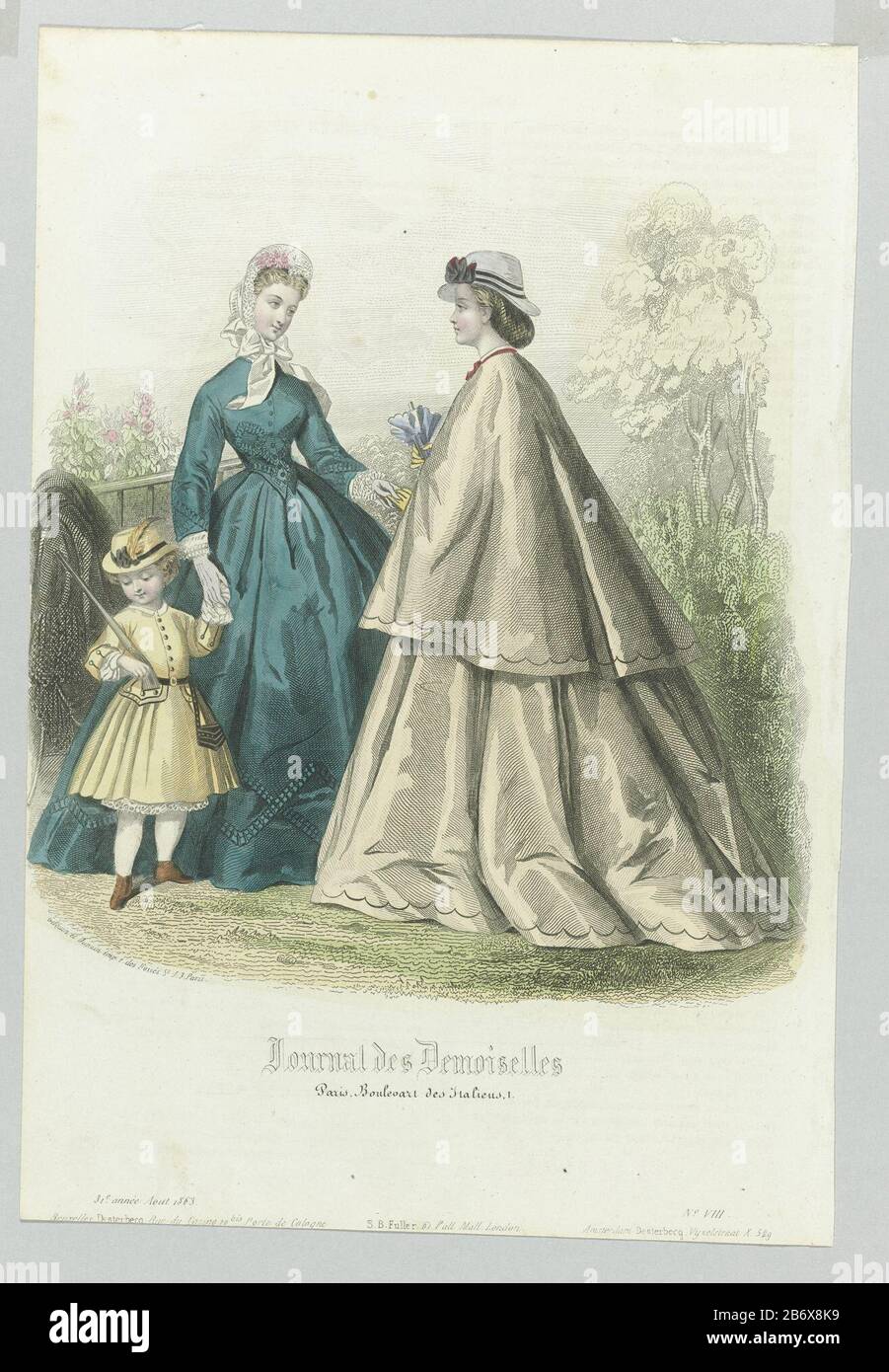 Two women in crinolinejapon. One of them has a child by the hand. Print out the fashion magazine Journal des Demoiselles (1833 -1922) . Manufacturer : printmaker: anonymous publisher Joseph and Samuel B. Fuller (1856-1862) (listed building) printer: Gilquin & Dupain (listed property) Place manufacture: publisher: London Publisher: Paris Date: 1863 Physical characteristics: engra, hand-colored material: paper Technique: engra (printing process) / hand-color measurements: sheet: h 265 mm × W 180 mm Subject: fashion plates head-gear: hat (+ women's clothes) cape ( + women's clothes) skirt (+ wome Stock Photo