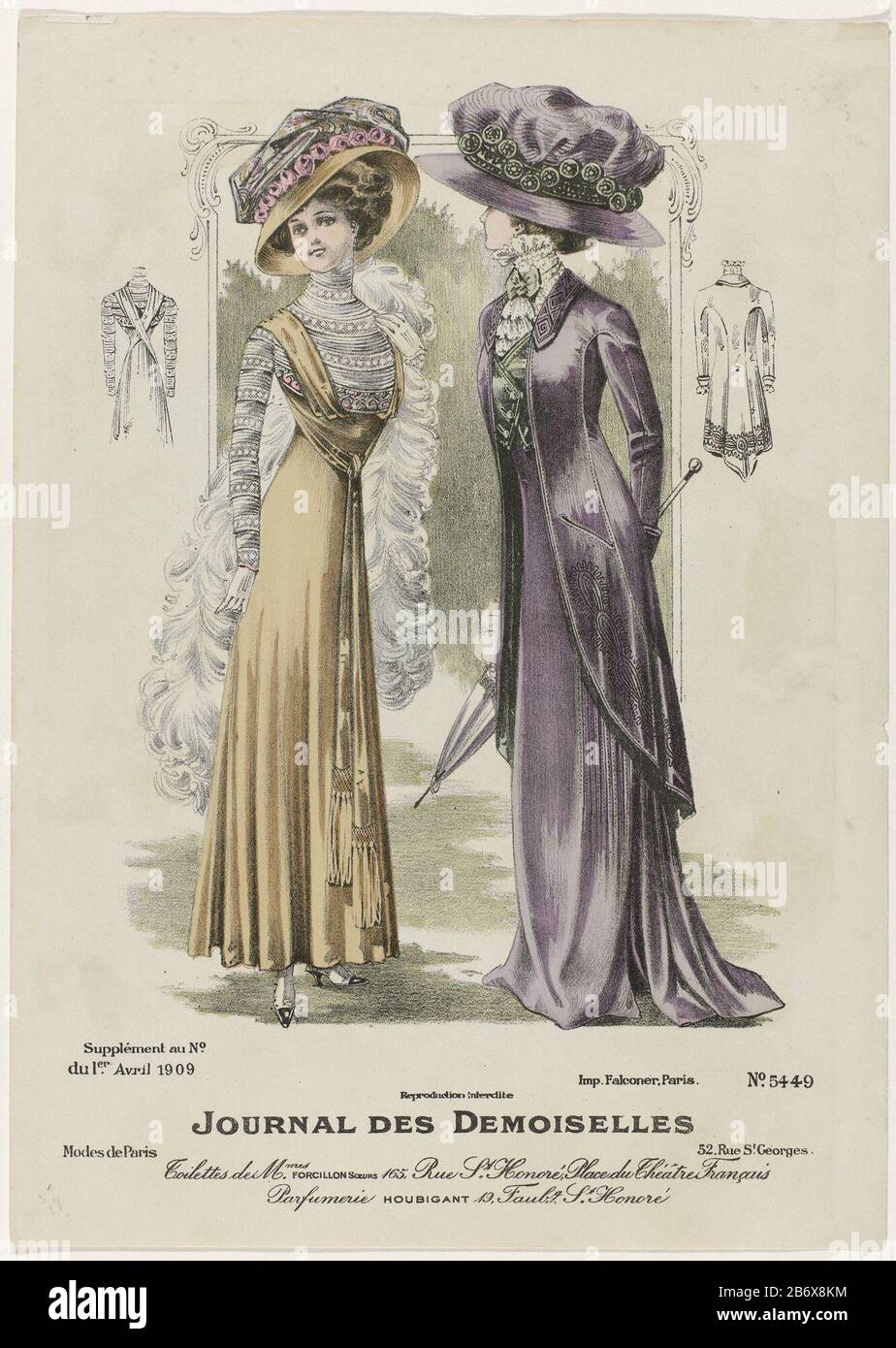 Woman in an ankle-length gown with high waist, Where: come from the shoulder straps to together in a knot; at the ends brushes. Striped bodice with long sleeves. Long stole around the shoulder. Big hat decorated with flowers. Woman in a long coat with rounded fronts in a short jacket and long skirt with split. Netting fork () with bow. Beach umbrella(?). According to the legend they wear 'toilettes' of MES Forcillon Soeurs. Print out the fashion magazine Journal des Demoiselles (1833 -1922) . Manufacturer : printmaker: anonymous printer: Falconer (listed property) Place manufacture: Paris Date Stock Photo