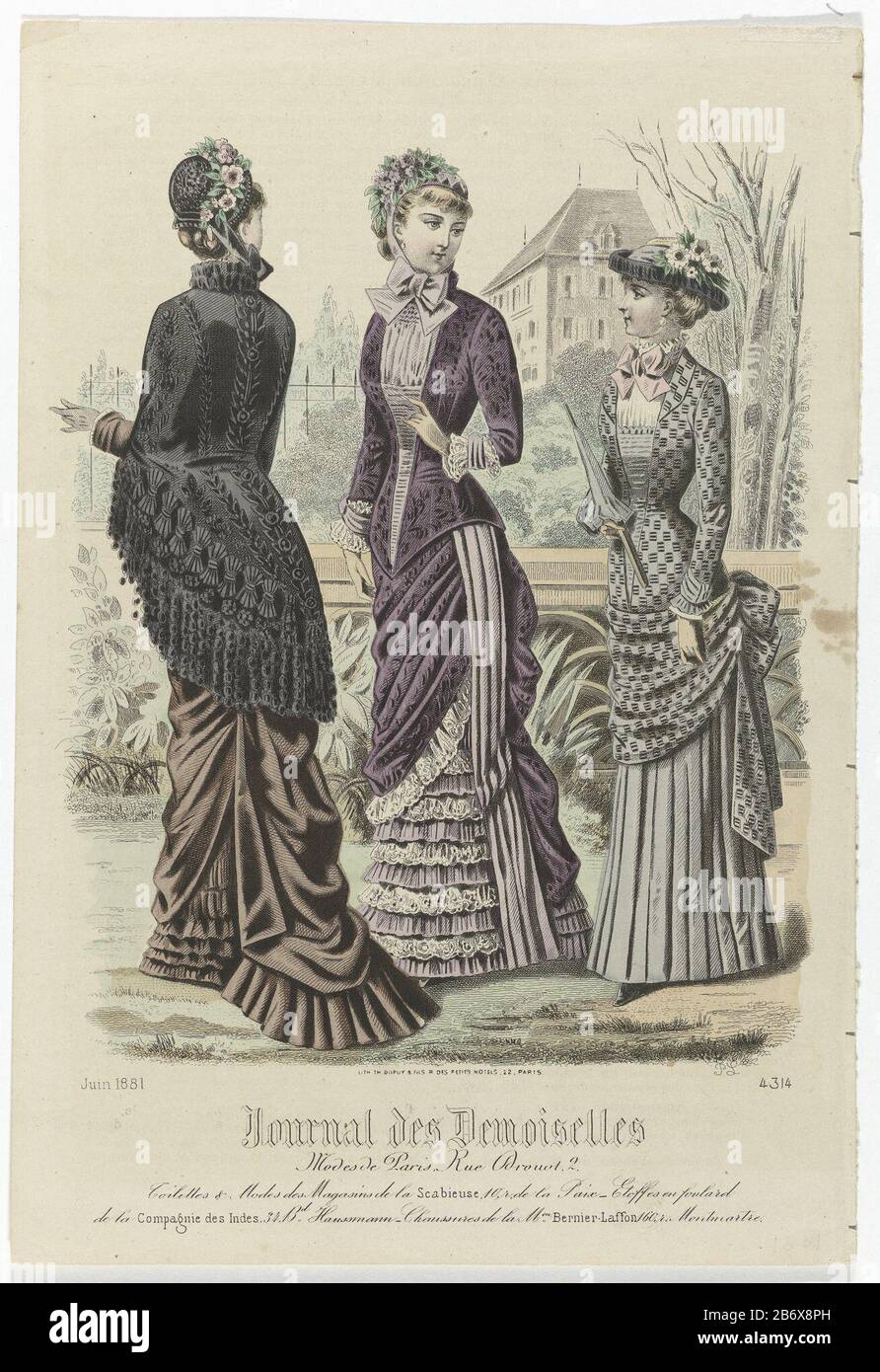 Journal des Demoiselles, juin 1881, No 4314 Toilettes & Modes Three women,  of whom: one seen from behind, in a garden. In the background a farm.  According to the caption, the dresses