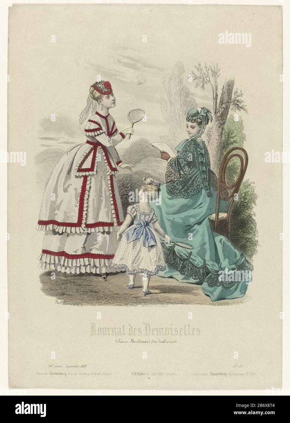 A woman and a girl playing badminton. She wears a dress trimmed with  ruffles and red trim. Children's clothing: girl in a dotted dress with  belt. In addition to their a sitting