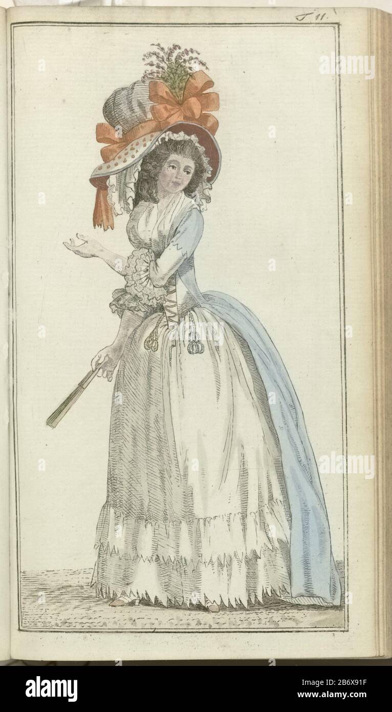 Journal des Luxus und der Moden 1788, Band III, T11 Parisian woman in  demi-undress, according to the latest fashion. She wears a bathrobe demi  negligee consisting of a white skirt with falbala