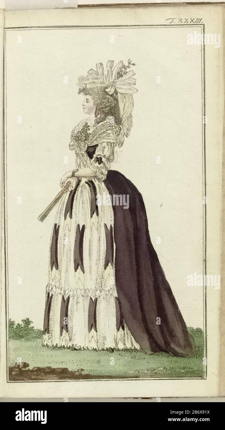Journal des Luxus und der Moden 1786, Band I, T 33 Woman left in a robe à  la Turque, from violet Beijing (?) with sleeves of crape. Bodice and skirt  of pale