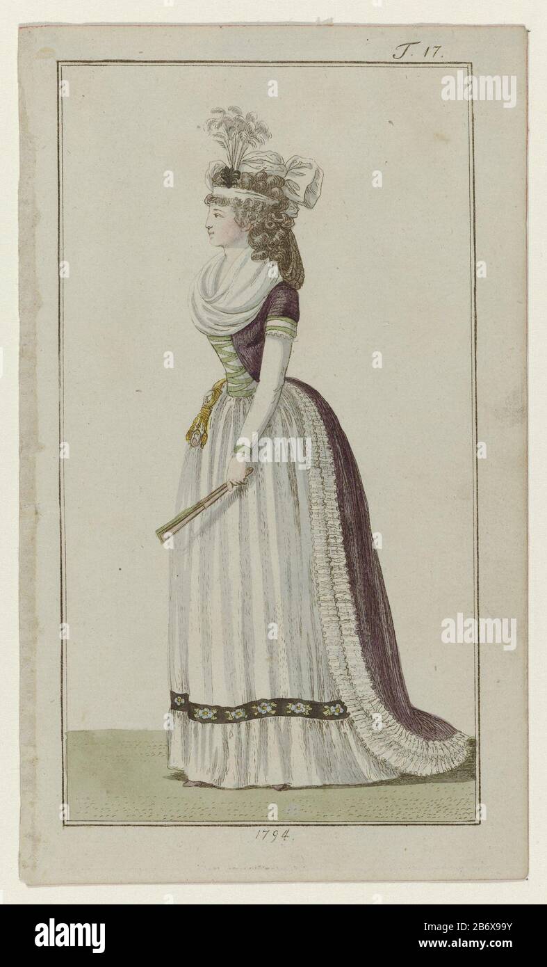 Journal des Luxus und der Moden, 1794, T 17 Young German woman dressed in 'vollem Anzuge. She wears a gown with train, trimmed with two strips of wrinkled fabric. Skirt, the hem of a decorative band with floral pattern. Fichu. Accessories: hair band with feathers, chatelaine with clockwork and medallion, range (?). Print out the fashion magazine Journal des Luxus und der Moden published by Friedrich Justin Bertuch and Georg Melchior Kraus, Weimar, 1786-1826. Manufacturer : printmaker: Georg Melchior Kraus To own design: Georg Melchior Kraus Publisher: Friedrich Justin BertuchPlaats manufacture Stock Photo