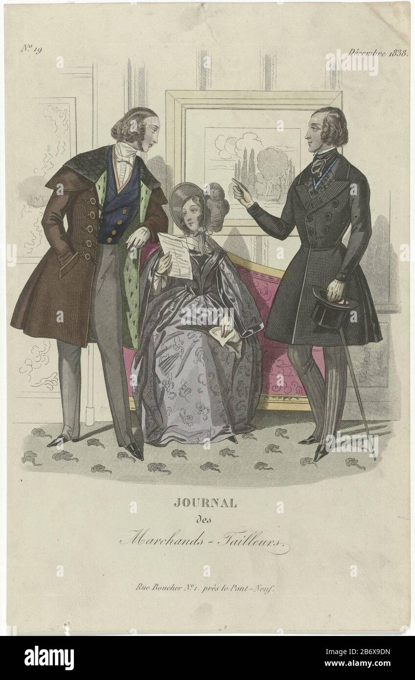 Woman sitting on a bench, with on both sides a man standing in an interior. Left: overcoat with two shoulder collars, lined with fur on a tights. Middle: dress with wide sleeves over (?). Right: jacket lapel, and double row of buttons on a striped long pants. Top hat and cane in hand. Manufacturer : printmaker: anonymous Date: 1838 Physical features: engra, hand-colored material: paper Technique: engra (printing process) / hand color dimensions: sheet: H 238 mm × W 153 mm Subject: fashion plates coat: overcoat (+ men's clothes) trousers, breeches, etc. (trousers), (+ men's clothes) gloves, mit Stock Photo