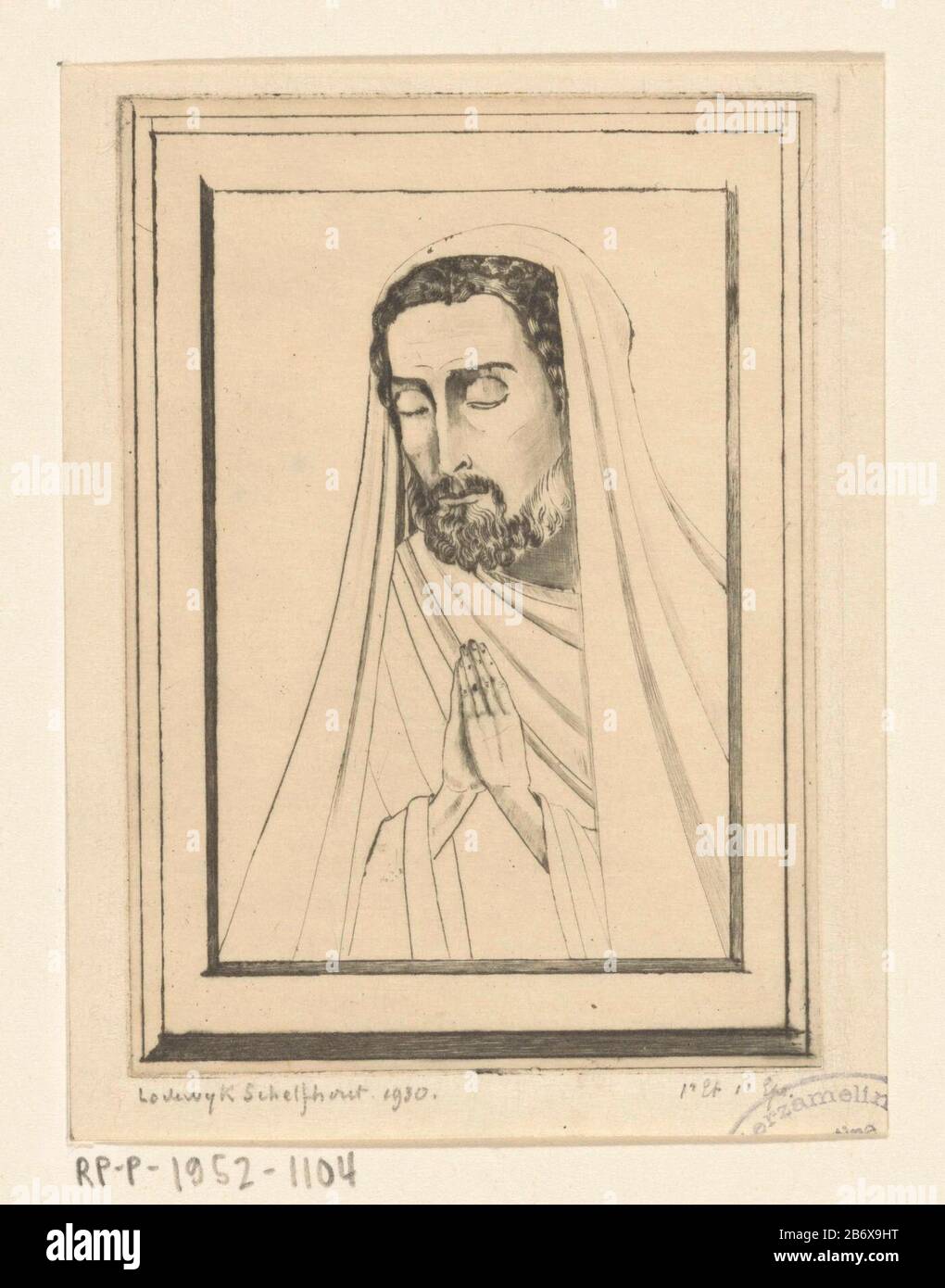 Jozef St Joseph (originele titel) Joseph, with folded hands and closed ogen. Manufacturer : printmaker Lodewijk Schelfhout (personally signed) printer: NV Roeloffzen & Hübner Dating: 1930 Physical features: drypoint on copper material: paper Technique: dry needle size: plate edge: h 120 mm × W 85 mm Subject: the foster-father of Christ, Joseph of Nazareth, husband of Mary; possible attributes: flowering rod or wall, lily, carpenter's toolsone person praying Stock Photo
