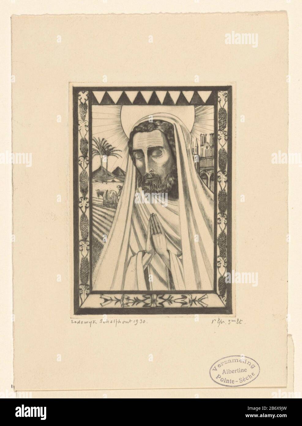 Jozef St Joseph (originele titel) Joseph, with folded hands and closed eyes. In the background, a landscape with field, palm trees, mountains and kerken. Manufacturer : printmaker Lodewijk Schelfhout (personally signed) printer: NV Roeloffzen & Hübner Dating: 1930 Physical features: drypoint on copper material: paper Technique: drypoint Dimensions: plate edge: H 120 mm b × 85 mm Subject: the foster-father of Christ, Joseph of Nazareth, husband of Mary; possible attributes: flowering rod or wall, lily, carpenter's toolsone person praying Stock Photo