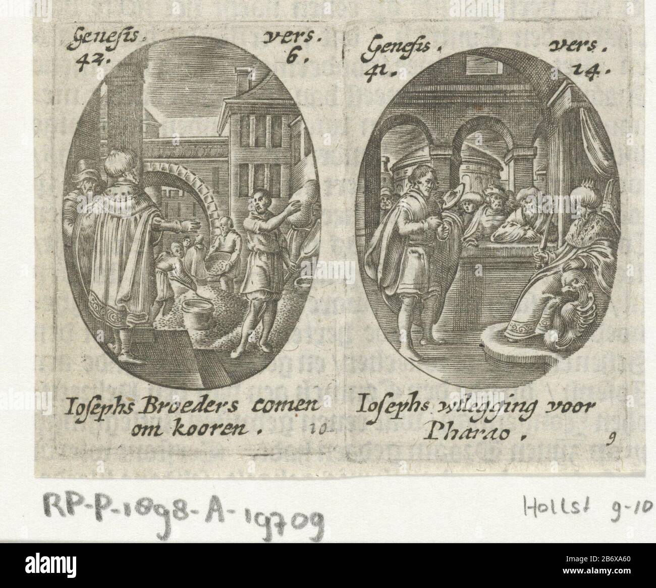 Two prints on one sheet in oval. Left the gate Where: at Joseph watches how his brothers create grain in sacks (Gen. 42-6). Right interior of Pharaoh sitting on his throne and Joseph explaining his dream. Spectators in the background (Genesis 41-14). In the margins caption in Dutch. Ninth and tenth print (9 and 10) from a series of twelve scenes from the life of Jozef. Manufacturer : printmaker Hans Janssen Place manufacture: Amsterdam Date: 1615 - 1651 Physical features: car material: paper Technique: engra (printing process) Dimensions: plate edge: h (51 mm print left) b × 33 mm × h 52 mm (p Stock Photo