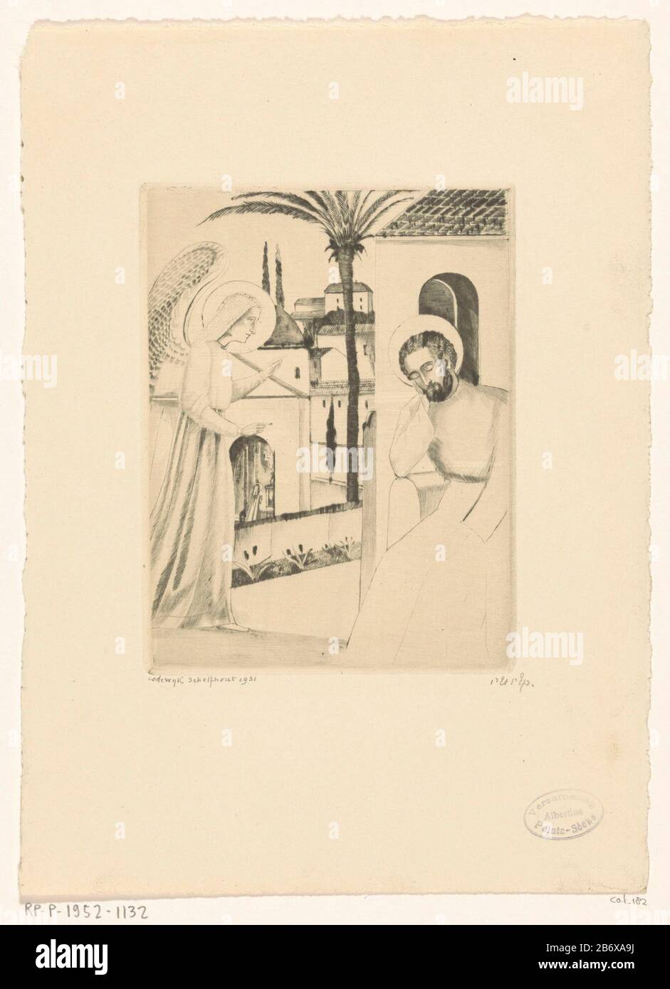 Right foreground Joseph, asleep on a bench in a garden. Left the archangel Gabriel, who appears to Joseph in a dream. In the background gebouwen. Manufacturer : printmaker Lodewijk Schelfhout (personally signed) printer: NV Roeloffzen & Hübner Dating: 1931 Physical features: drypoint on copper material: paper Technique: drypoint Dimensions: plate edge: H 158 mm × W 121 mm Subject: the foster-father of Christ, Joseph of Nazareth, husband of Mary; possible attributes: flowering rod or wall, lily, yellow carpenter's tools Search Stock Photo