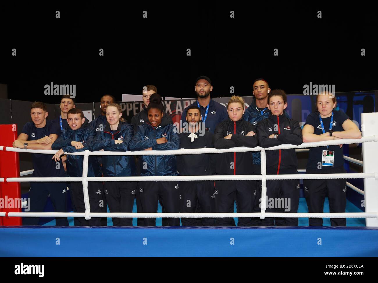 Great Britain's team of boxers hoping to go to the Tokyo Olympics during the media day at the Copper Box Arena, London. Stock Photo