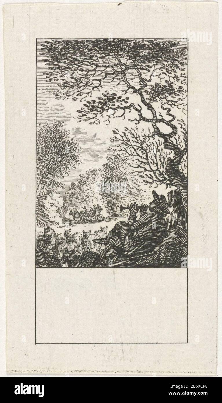 Juni De twaalf maanden (serietitel) From a series of twelve prints, the imagination of the month June. A shepherd resting under a tree playing a flute and is accompanied by his dog. For him, the flock of sheep in the gras. Manufacturer : printmaker Simon Fokke Place manufacture: Amsterdam Date: 1722 - 1784 Physical features: etching; proofing material: paper Technique: etching dimensions: sheet: 105 mm × H b 61 mm Subject: June  other concept Stock Photo