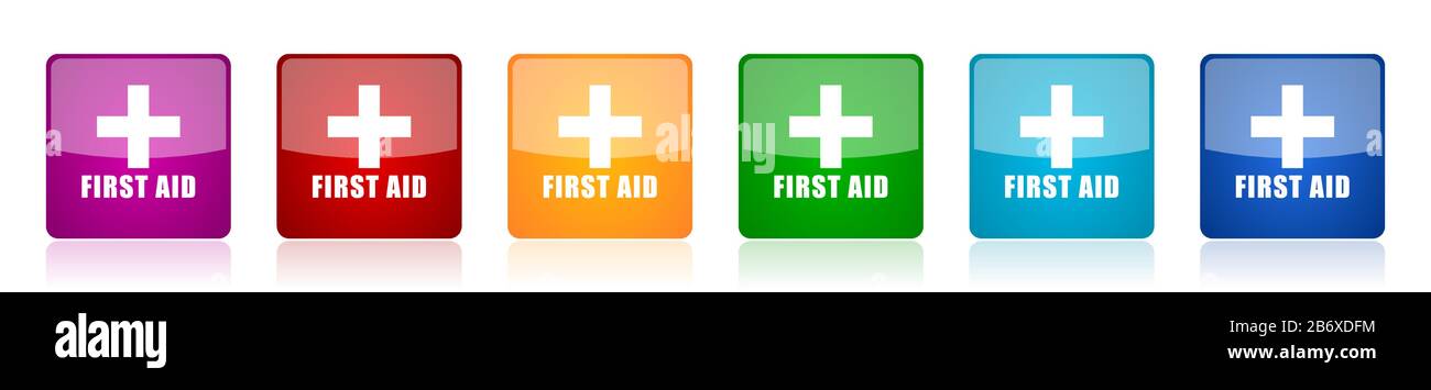 First aid icon set, colorful square glossy vector illustrations in 6 ...