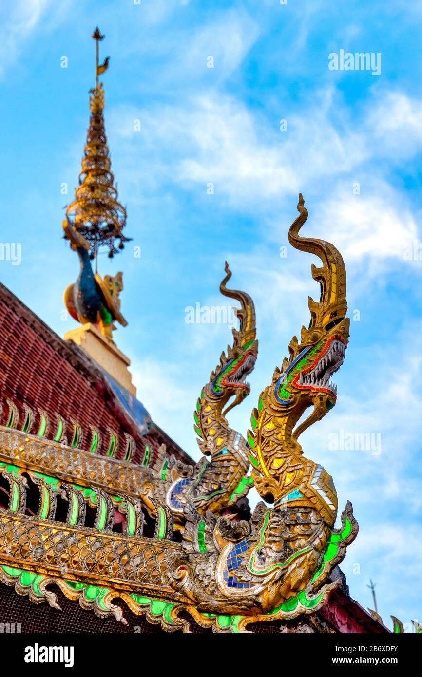 Detail of the naga on the roof of Wat Chetawan, Chiang Mai, Thailand Stock Photo
