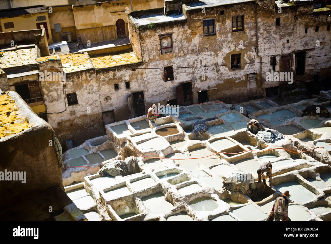 Workers wash and bleach leathers in the Tanners Quarter of Fes, Morocco Stock Photo