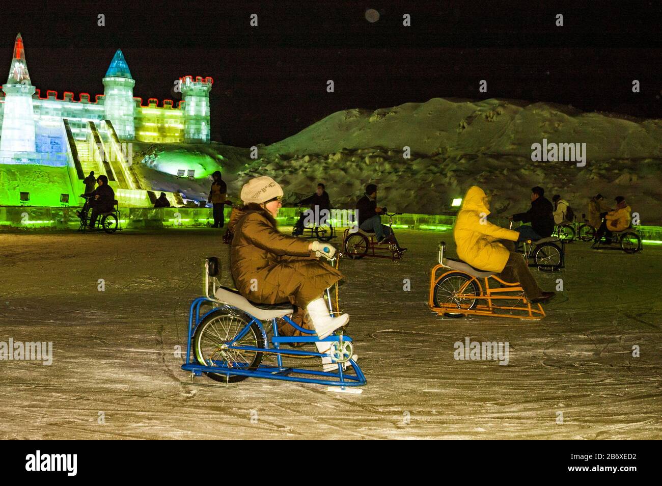 Ice bike fun at Snow & Ice World in Harbin. Stock Photo